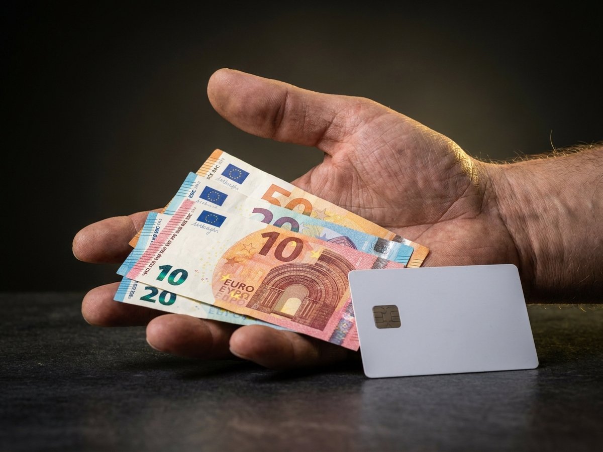 kéz euró bankjegyekkel és bankkártyával, kifizetés szemléltető fotó