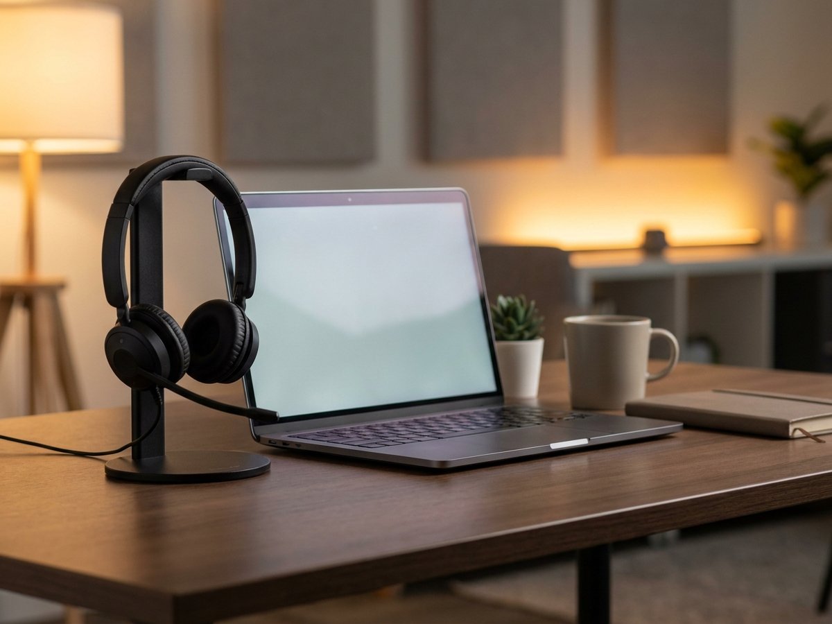 fejhallgató állványon laptop mellett, ügyfélszolgálat szemléltető fotó